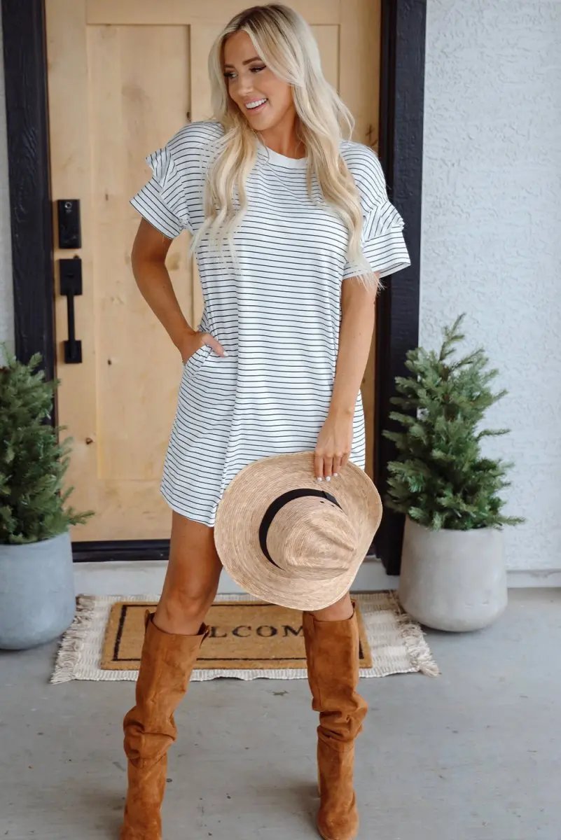 White Stripe Ruffled Short Sleeve Crew Neck T Shirt Dress - Love Salve